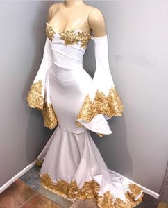 Gouden kant prom jurken zeemeermin van de schouder lange mouwen Formele avondjurken Cocktail feestjurken Custom Size