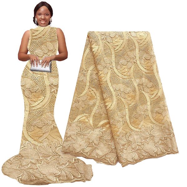 Tissu africain en dentelle française dorée de haute qualité, tissu nigérian en dentelle suisse, maille brodée pour robe de mariée, 2023