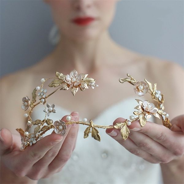 Feuille d'or Floral mariage diadème cheveux couronne accessoires à la main bandeau de mariée femmes fête casque 210707