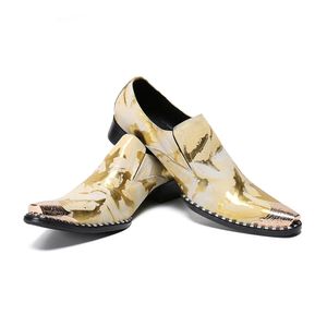 Chaussures habillées en cuir doré chaussures pour hommes faites à la main pointe en métal chaussures en cuir de fête de mariage Zapatos Hombre