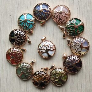 Dijes dorados de la vida del árbol, piedra natural, ojo de tigre, lapislázuli, cristal, cuarzo rosa, malaquita, aventurina, ópalo, turquesa, colgante para hacer joyas DIY