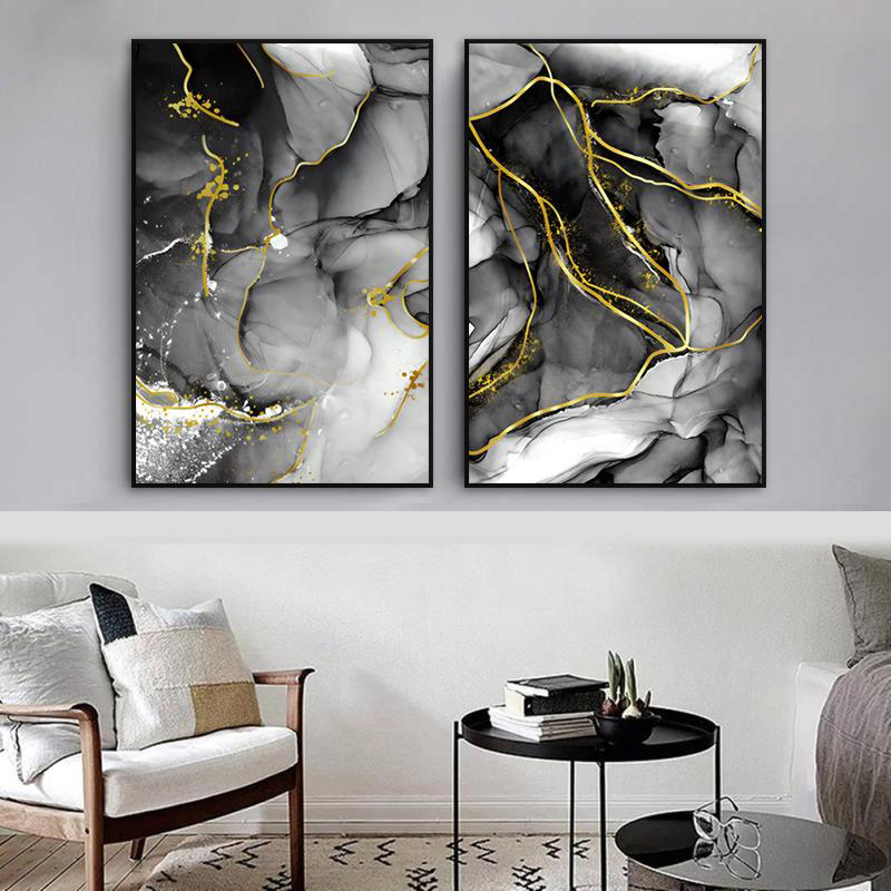 Líneas doradas y negro de mármol blanco lienzo abstracto artes