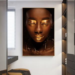 Gouden lip naakt zwart Afrikaans kunst portret canvas schilderij posters en prints Scandinavische muur kunstfoto voor woonkamer decor