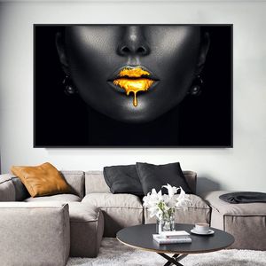 Gouden lippen Afrikaanse zwarte vrouw canvas schilderijen aan de muur posters en prints zwart gezicht foto's voor de woonkamer unframed