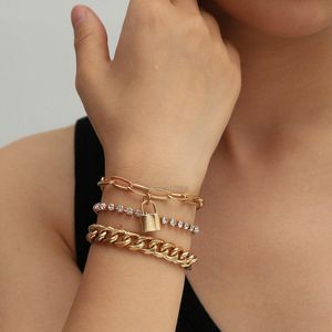 Pulsera con dije de candado dorado, cadenas con diamantes helados, pulseras apilables para mujer, joyería de moda de Hip hop, regalo de arena