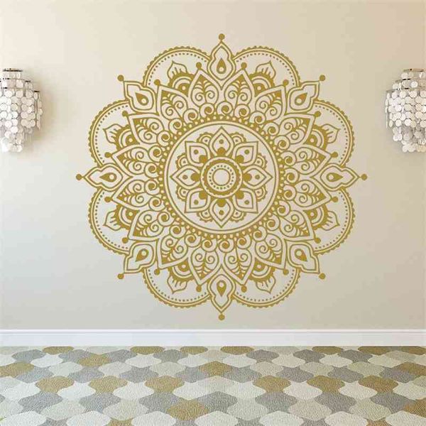 Pegatinas de pared de Mandala dorada para habitaciones, calcomanía de loto de Mandala de estilo bohemio, arte de pared de flores, calcomanías de estudio de Yoga, pegatina de pared HY332 210615