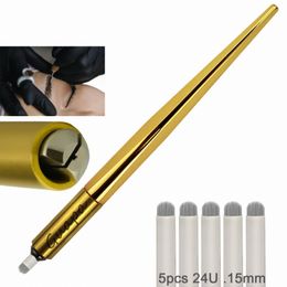 Manual de oro Tebori Pen Inductor de cejas para Microblading Eyeliner Lip 3D Pen PMU Accories con 0,15 mm 24 pines Hoja en forma de U v1AM #