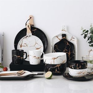 Service de table de fête en céramique, glaçage en marbre doré, assiettes de petit déjeuner en porcelaine, plats bol à nouilles, tasse à café pour décoration 251E