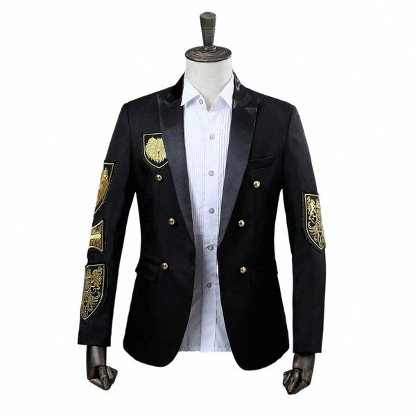 Médaille d'or broderie costume veste hommes noir rouge double boutonnage scène bal spectacle chanteur costume nouveau fi militaire mâle blazer b3JP #