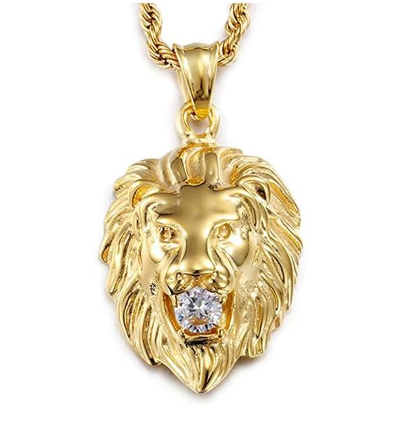 Collar de oro para hombre Collar con colgante de león Acero inoxidable Brillante CZ Diamantes Viene con cadena de cuerda 22 PULGADAS