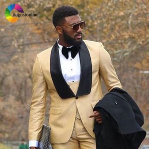 Gold Mens Wedding Suits Black Shawl Rapel 3 stuks Jacket broek Vest Custom Made Man Blazers Pak Slim Fit Groom Tuxedos Men's