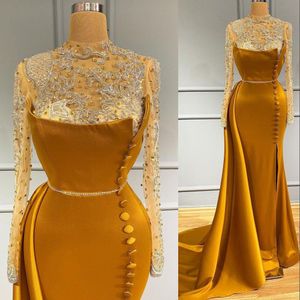 Sirène doré 2023 robes de bal à manches longues à manches longues en dentelle perle applique latérale de plancher latérale de la fente personnalisée