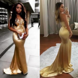Gouden Mermaid Prom Dresses Sexy Strapless Kant Applicaties Avondjurken Satijn Rits Back Sweep Trein Formele Party Jurk