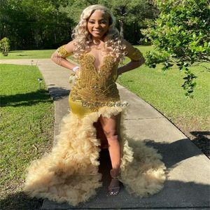 Gold Mermiad Luxury prom -jurken 2024 Plus size hoge spleet zwarte vrouwen avondjurk diamant kristal ruches verjaardag jurk prachtige vijftien dans formele jurk aso ebi