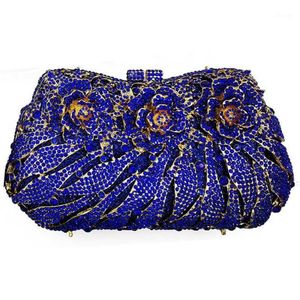 Gold Metal Evening Clutch Blue Crystal Purse Women Floral Telefoontas Dames Rhinestone Diamond Mini -koppels vrouwelijke tassen1343K