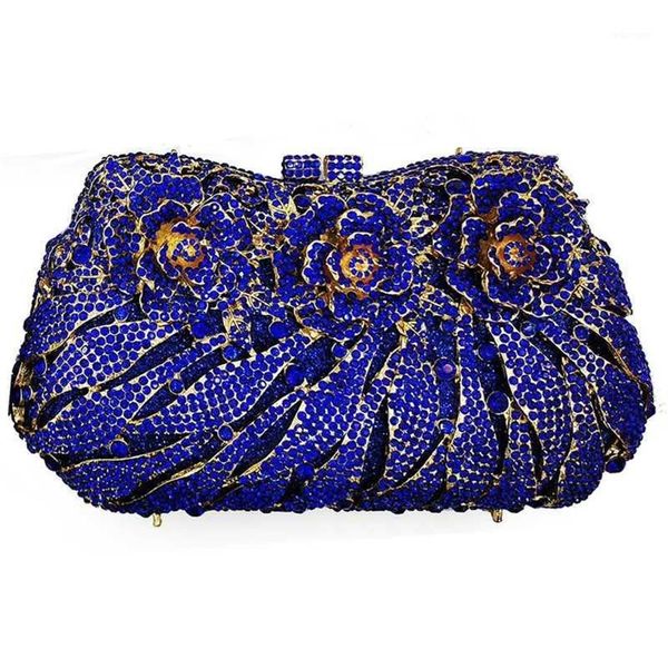 Pochette de soirée en métal doré pour femmes, sac à main en cristal bleu, sac de téléphone à fleurs, strass diamant, Mini pochettes féminines, 12349