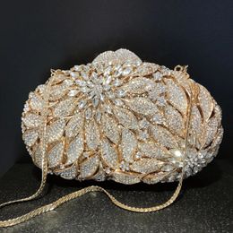 Feuilles de métal doré cristaux blancs pochettes de soirée de luxe femmes sac à main de fête de mariage sacs à main strass Mini Minaudiere 240304