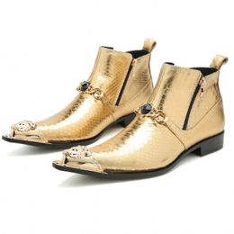 Bottines à bout en métal doré pour hommes bottes d'hiver en cuir véritable chaussures de scène à fermeture éclair T grande taille 38-46