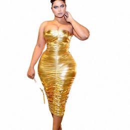 Gold Metallic Club Party Birthday Dr for Women Elegant Off Shoulder Ruched Strapl Bodyc Midi Dr Vestido de Festa Q9z8#