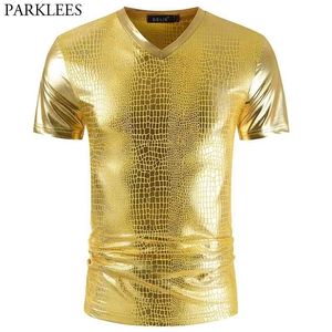 Gold Metallic Snake Pattern Club T-shirt Hombres Sexy manga corta con cuello en V Camiseta Homme Party Prom Stage T Shirt Hombre 3XL 210522