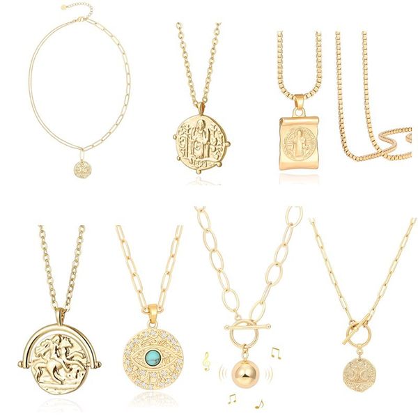 Or Moon Star Lion Evil Eye Pendentif Collier Médaillon Trombone Chian Choker Superposition Bijoux pour Femmes Filles