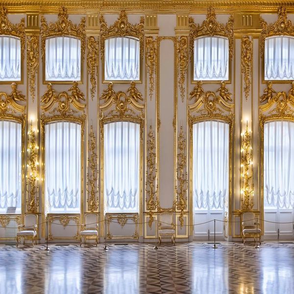 Telón de fondo de fotografía de arte de pared blanca de mosaico dorado, ventanas brillantes, castillo interior de lujo, fondo de estudio fotográfico de 10x10 pies