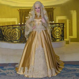 Goud Mulsim Avondjurken Hoge Hals Lange Mouwen Arabisch Plus Size Feestjurk Prom Wear Formele Pageant Vestidos De Festa Celebrit155s