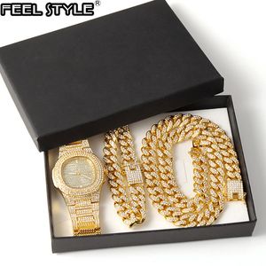 Collier en or + Montre + Bracelet Hip Hop Miami Gourmette Chaîne Cubaine Or Complet Glacé Pavé Strass CZ Bling Pour Hommes Bijoux X0509