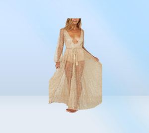 Gold Net Yarn Rhinestones Vrouwen Zomer Long Maxi Cover -Ups Beach Jurken V Neck Agenoten Mesh Sundress Bathing Suit Swimwear241884444