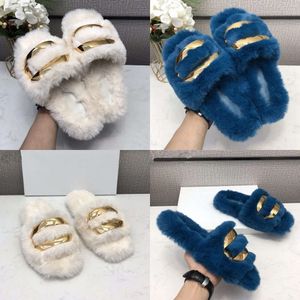 Gol New Metal Buckle Curly Femmes Blanc Mules Fur Brand Fauts Casual Ladies Chaussures plates Phise extérieure Slippées