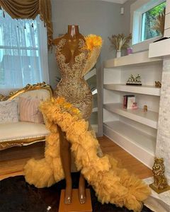 Gold o nek lange prom jurk voor zwarte meisjes 2024 kristal verjaardagsfeestjurken jurken veren ruches spleet avondjurken jurk es es es es