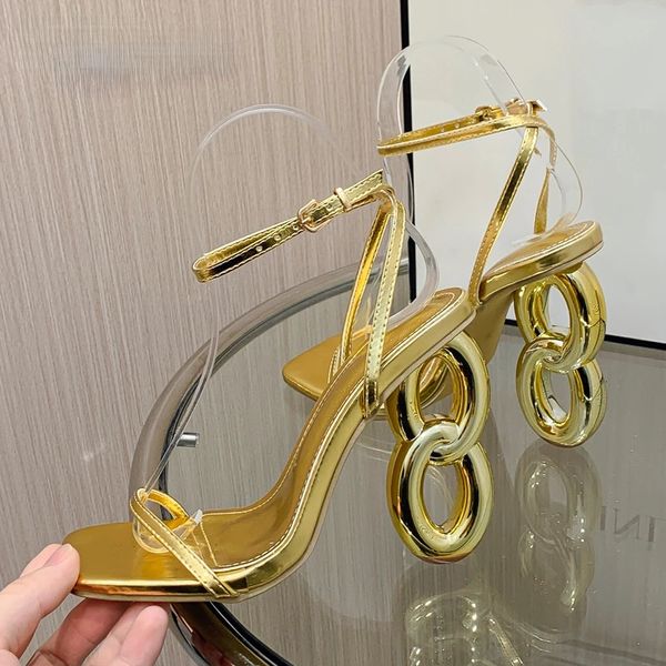 Sandalias doradas de tacón abierto para mujer 2024, zapatos de tacón alto calados a la moda de verano, zapatos de tacón alto con hebilla para fiesta de boda, zapatos de tacón alto con honda 240123