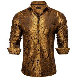 Gold Paisley Silk Shirts For Men Men à manches longues de luxe Smoking Tuxedo Wedding Party Clothing Dibangu 240409