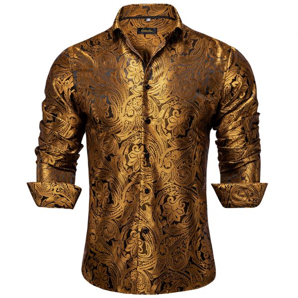 Gold Paisley Silk Shirts For Men Men à manches longues Brand de luxe Tuxedo Mariage Party Men Vêtements DiBangu 240511