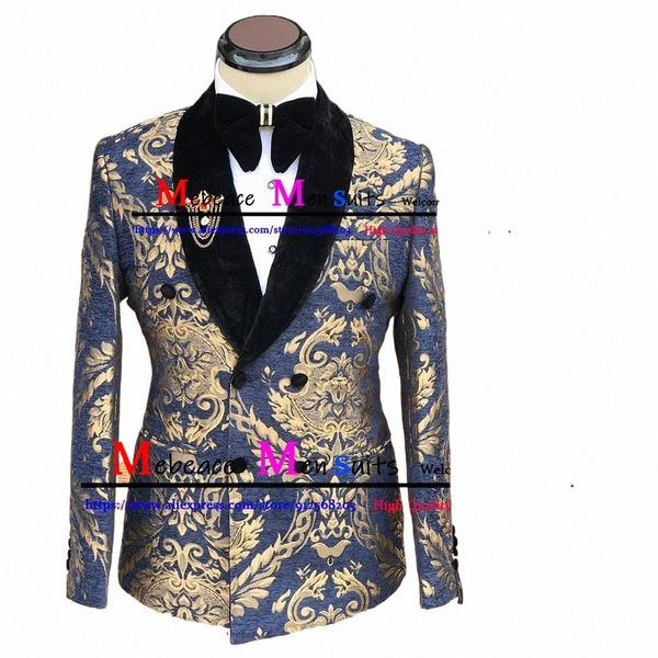 Patrón de oro Hombres Traje Chaqueta Pantalones 2 piezas Conjunto Azul marino Doble botonadura Traje de boda del novio Trajes Hommes Pour Mariage C3kz #