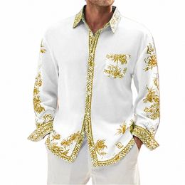 Camisa de hombre con estampado de patrón dorado de 10 colores Camisa lujosa y cómoda de fibra de bambú Cott con bolsillo para hombre Manga LG 6XL K8AC #