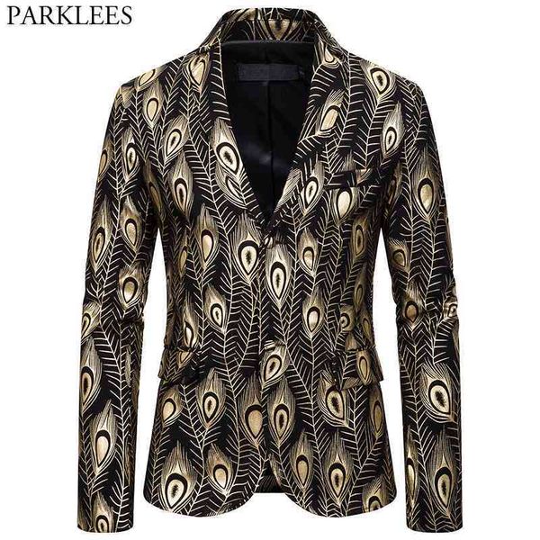 Gold Peacock Print Party Costume Veste Hommes Single Breasted Slim Fit Mens Élégant Blazers Club Party Prom Stage Vêtements pour Chanteurs 210522