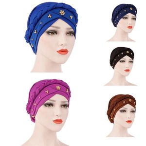 Or perle perlée femmes Inde chapeau musulman Turban islamique chapeaux perles tresse queue chimio bonnet écharpe Hijab Cancer Wrap Ca2745