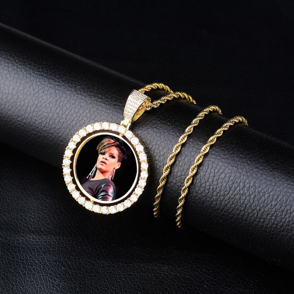 Oro personalizado 18k Blingbling Zirconia Cúcica Foto Medallón personalizado Collar colgante giratorio Joyas de bricolaje Regalos de cumpleaños para hombres Mujeres
