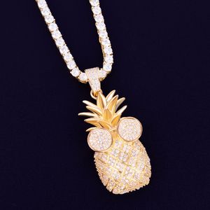 Gouden ananas vorm ketting hanger met 4mm tennis ketting kubieke zirkoon heren dames hiphop rock sieraden 2.4x5.8cm