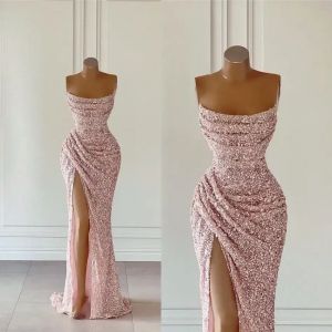 Goud roze roos pailletten prom jurken sexy zeemeermin strapless split hoge avond Afrikaanse meisjes formele partij Ocn jassen op maat gemaakt BC15182