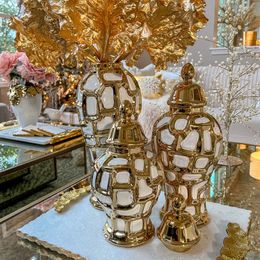 Gold Plaid Céramique Jar Art Art Tank Porcelain Ginger Pot Gold Ceramic Pot Flower Vase Vase Vintage décoratif Ornements 240510