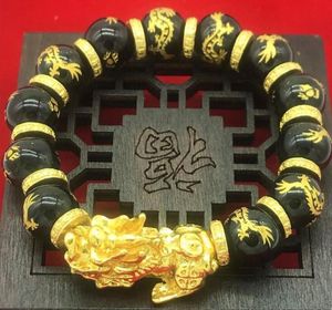 Goud vergulde 3D pixiu armband zwarte obsidiaan kralen overdracht geluk armband Chinese feng shui dierjuwelen5177660