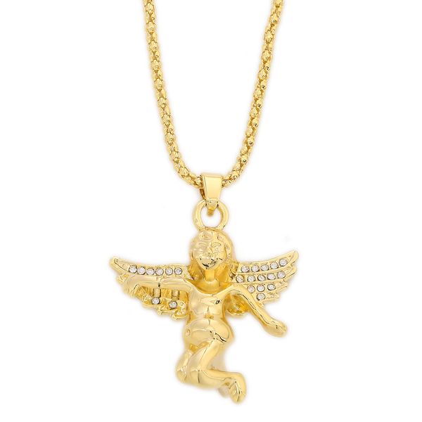 Ala de ángel bebé chapada en oro con collar de cadena de cuerda colgante grabado con diamantes de imitación