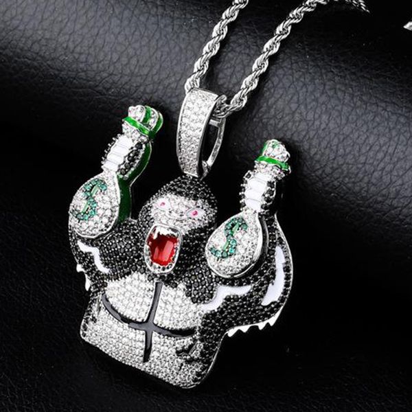 Gorille plaqué or bling coloré dessin animé gorille tenant argent sac cubique zircone gros pendentif collier masculina bijoux hip hop bijoux pour les gars