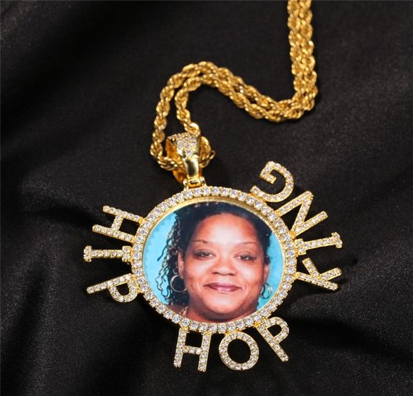 Plaqué or Bling CZ nom personnalisé sur mesure Po médaillons pendentif collier avec chaîne de corde de 24 pouces pour hommes femmes Hip hop Jewelr9555454