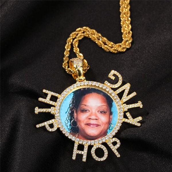 Plaqué or Bling CZ nom personnalisé sur mesure Po médaillons pendentif collier avec chaîne de corde de 24 pouces pour hommes femmes Hip hop Jewelr279i