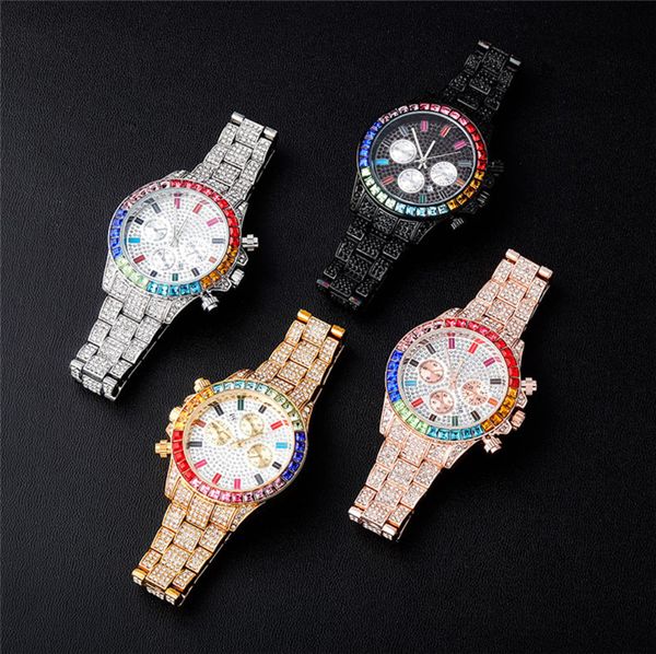 Plaqué Or Bling Glacé Coloré Strass Cristal Montre Quartz Or Hip Hop Montres-Bracelets Avec Micro Pave Cz Bracelet Horloge Heures