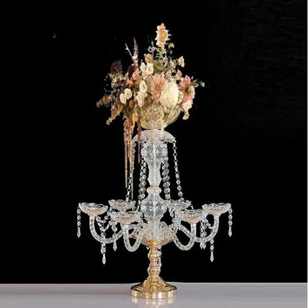 Florero acrílico de cristal chapado en oro, soporte para mesa de boda, candelabro, decoración para eventos y fiestas, estante de flores