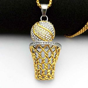 Goud vergulde diamant ingelegde basketbal net frame ketting hanger hiphop titanium staal sport sieraden accessoires feest cadeau